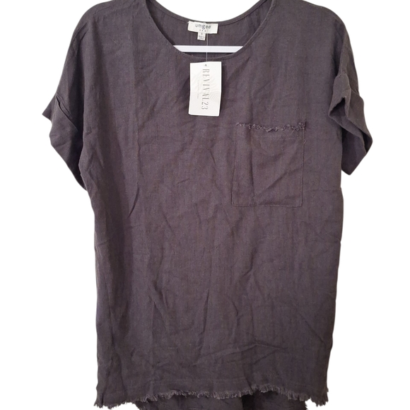 Umgee Brown Linen Blend Womens Cuffed Short Sleeve Top Sz Sm Raw Hem Pocket NEW - Picture 2 of 9